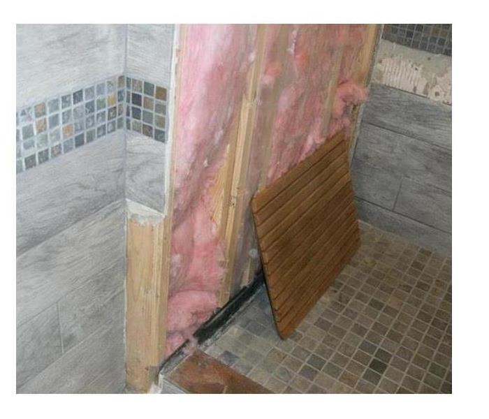 Shower with wall removed and insulation exposed.